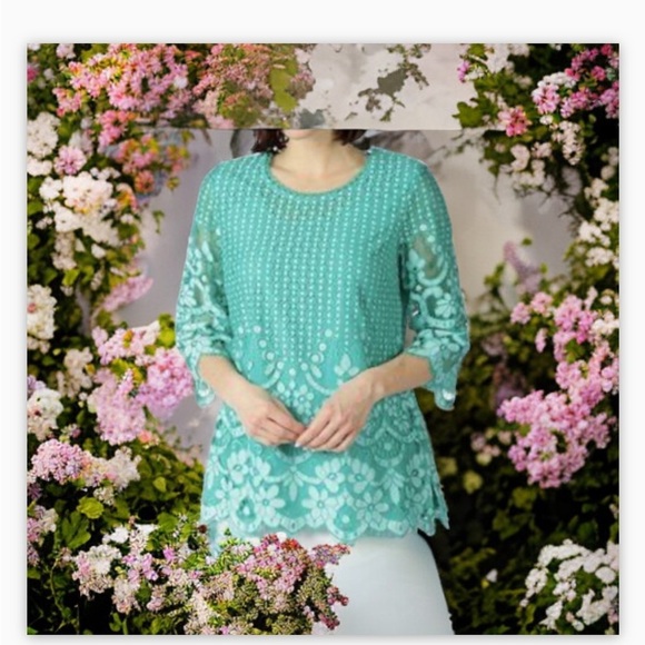 Isaac Mizrahi Tops - Isaac Mizrahi Live! Green Crochet Lace Overlay Tunic Top Sz Lg  beautifu…
